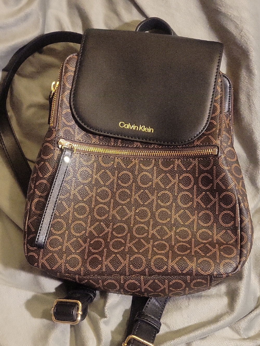 Calvin Klein Brown Monogram Mini Backpack with Black Flap